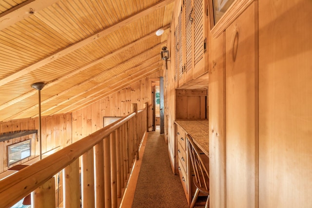 129 Diller Line Rd, Chesterville, ME 04938 - hall featuring lofted ceiling, carpet, wooden ceiling, and wooden walls