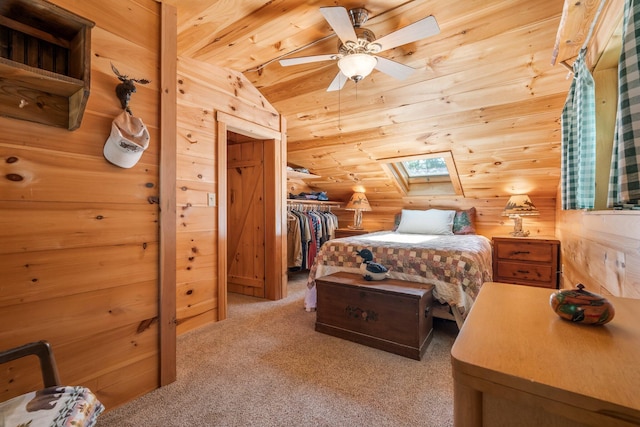 129 Diller Line Rd, Chesterville, ME 04938 - bedroom featuring a skylight, light carpet, a closet, wood ceiling, and ceiling fan