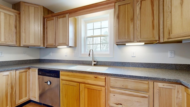 48 Lubear Way, Auburn, ME 04210 - kitchen featuring stainless steel dishwasher, a sink, dark countertops, and light brown cabinetry
