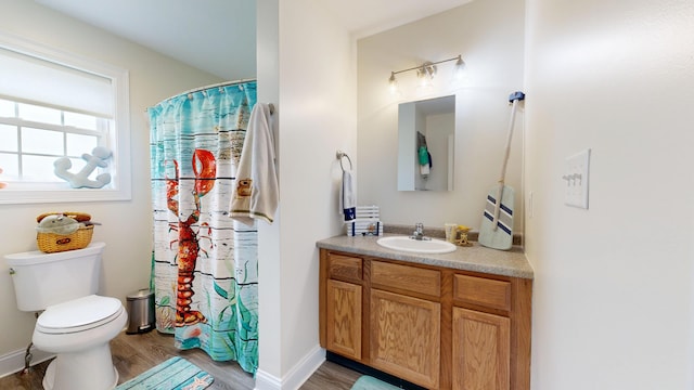 48 Lubear Way, Auburn, ME 04210 - full bathroom with wood finished floors, toilet, vanity, curtained shower, and baseboards