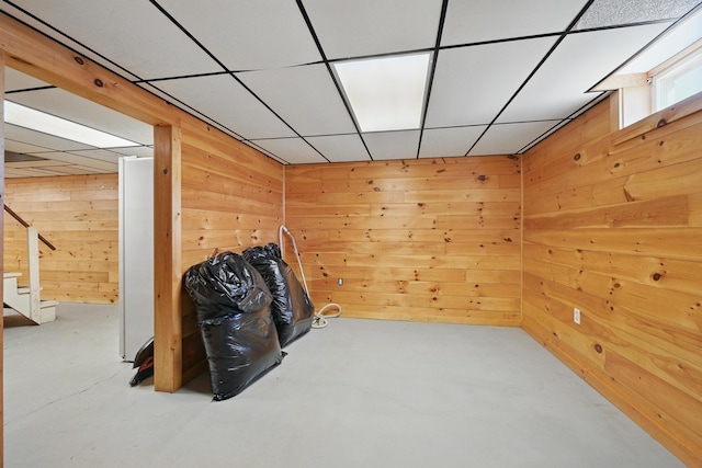 128 Capen Rd, Gardiner, ME 04345 - interior space featuring stairway, wooden walls, and concrete floors
