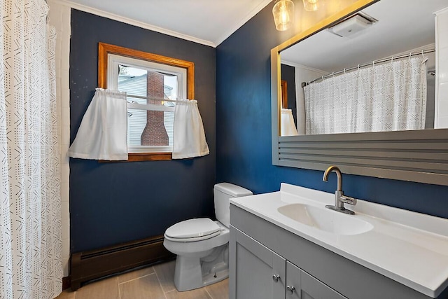 19 Fourth Ave, Augusta, ME 04330 - full bathroom with a baseboard heating unit, crown molding, toilet, vanity, and curtained shower
