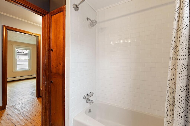 19 Fourth Ave, Augusta, ME 04330 - bathroom featuring a baseboard heating unit, crown molding, hardwood / wood-style flooring, and shower / tub combo with curtain