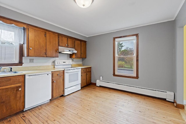 19 Fourth Ave, Augusta, ME 04330 - kitchen with white appliances, a baseboard heating unit, under cabinet range hood, ornamental molding, and a sink