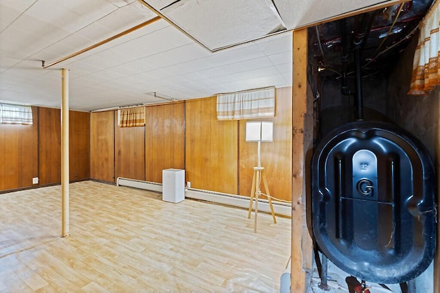 19 Fourth Ave, Augusta, ME 04330 - basement with a baseboard heating unit, wooden walls, wood finished floors, and heating fuel