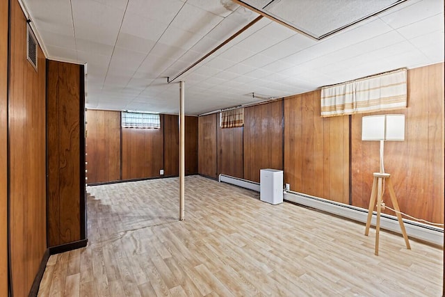 19 Fourth Ave, Augusta, ME 04330 - below grade area with baseboard heating, light wood finished floors, and wood walls