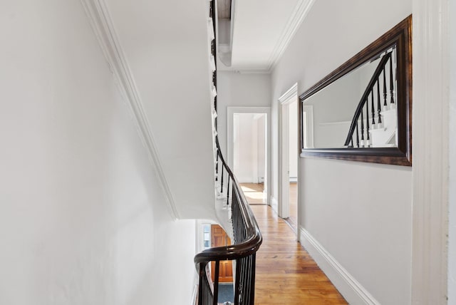 139 Newbury St, Portland, ME 04101 - corridor with light wood-type flooring, stairway, baseboards, and ornamental molding