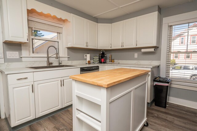 kitchen featuring white cabinetry, wooden counters, dark wood-style flooring, and a sink