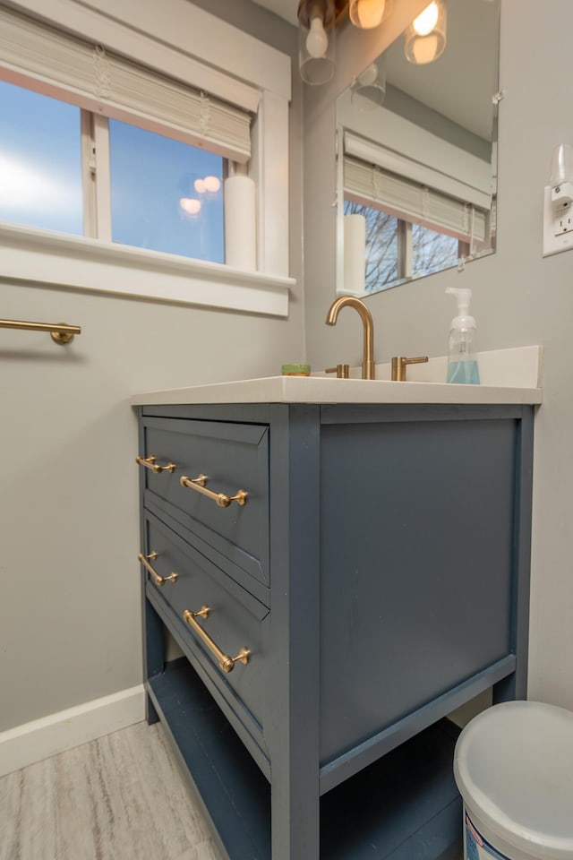 bathroom featuring baseboards, wood finished floors, and vanity