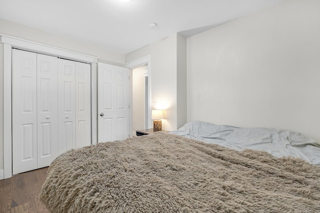 bedroom with wood finished floors and a closet