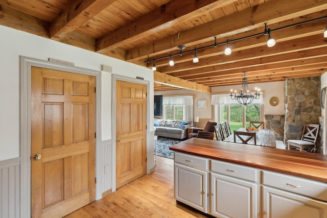 kitchen featuring wooden counters, light wood-type flooring, beamed ceiling, wainscoting, and open floor plan