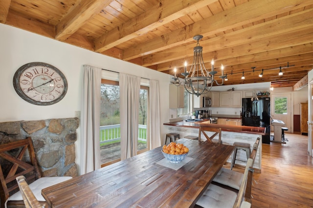 dining room with a chandelier, beam ceiling, light wood finished floors, and wood ceiling