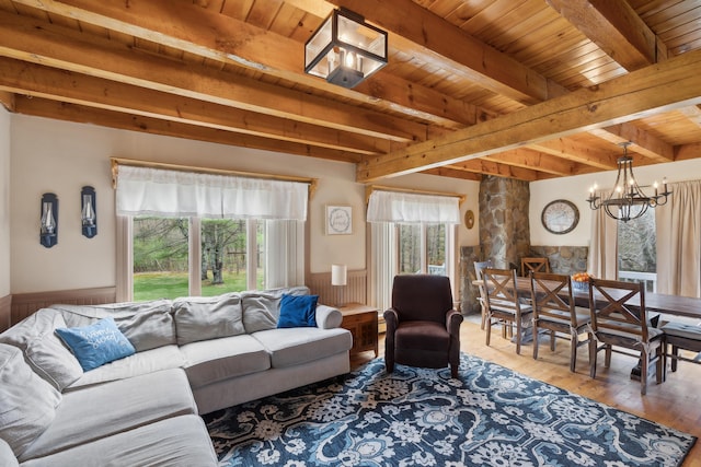 living area with wood finished floors, wood ceiling, a wainscoted wall, beam ceiling, and a chandelier