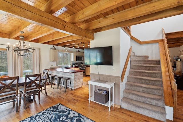 dining space with plenty of natural light, light wood-style flooring, a chandelier, beam ceiling, and wooden ceiling