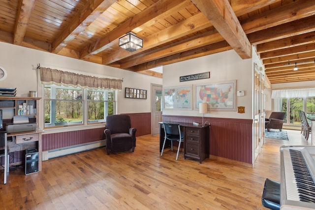 office area with a baseboard heating unit, wood ceiling, hardwood / wood-style floors, wainscoting, and beamed ceiling