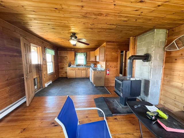 111 Fryes Ln, Greenbush, ME 04418 - living area featuring wood ceiling, dark wood-style floors, a wood stove, wooden walls, and a baseboard radiator