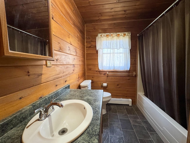 111 Fryes Ln, Greenbush, ME 04418 - full bathroom featuring wood ceiling, wood walls, toilet, vanity, and a baseboard heating unit