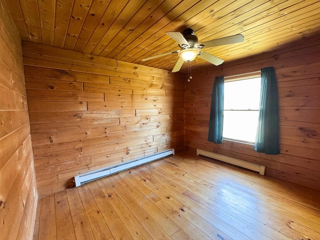 111 Fryes Ln, Greenbush, ME 04418 - spare room with baseboard heating, a baseboard heating unit, wooden ceiling, wooden walls, and ceiling fan