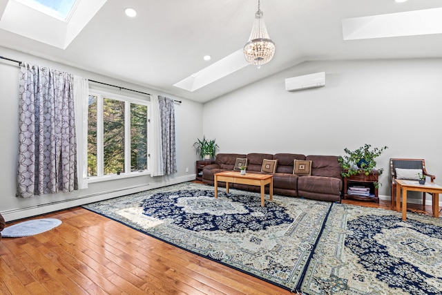 48 Albion Rd, Windham, ME 04062 - living room featuring a skylight, an AC wall unit, vaulted ceiling, a baseboard radiator, and hardwood / wood-style flooring