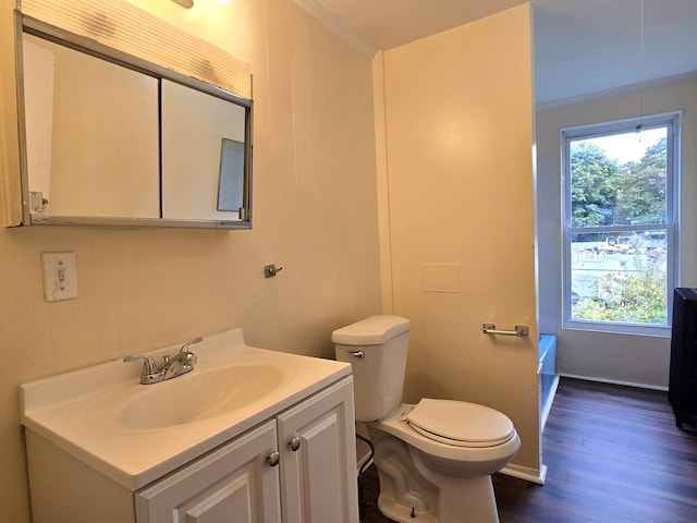 bathroom with toilet, wood finished floors, vanity, and a tub to relax in