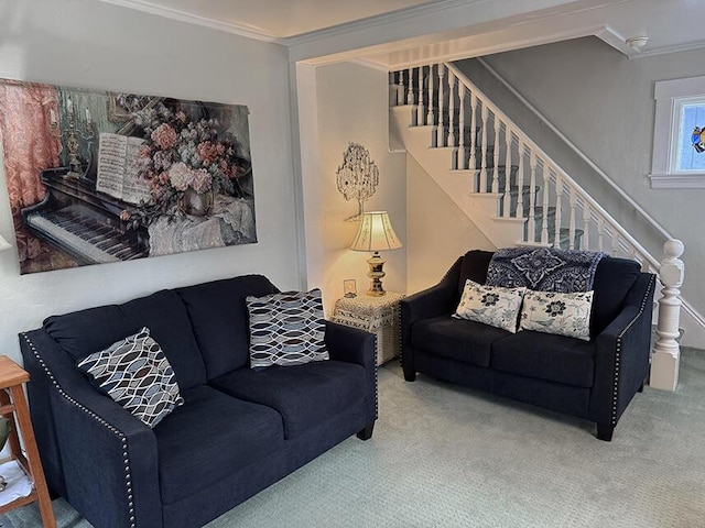 living area featuring crown molding, stairs, and carpet floors