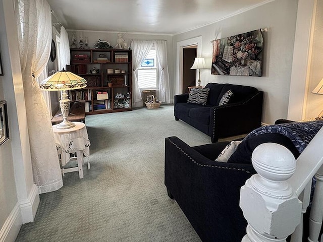 living area featuring carpet flooring and crown molding