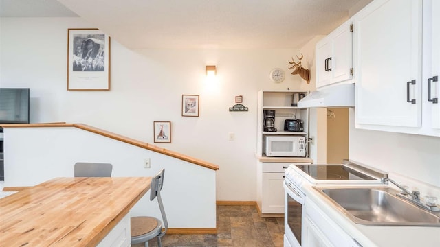 8 Sunrise Dr Unit A115, Newry, ME 04261 - kitchen featuring a sink, white appliances, under cabinet range hood, white cabinetry, and baseboards