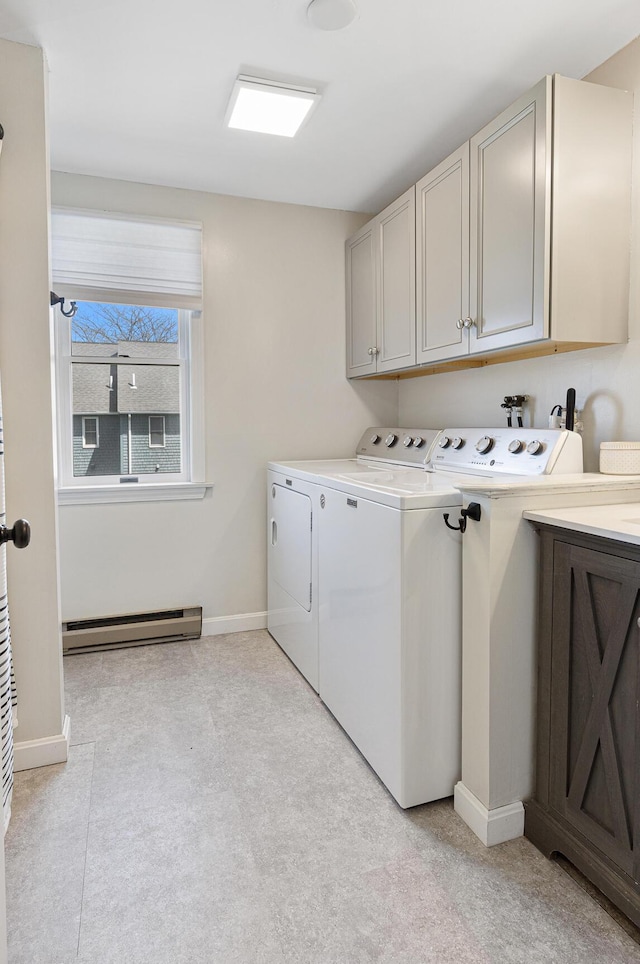 8 Orchard Hills Pkwy Unit 8, Bangor, ME 04401 - clothes washing area featuring baseboard heating, cabinet space, washing machine and clothes dryer, and baseboards