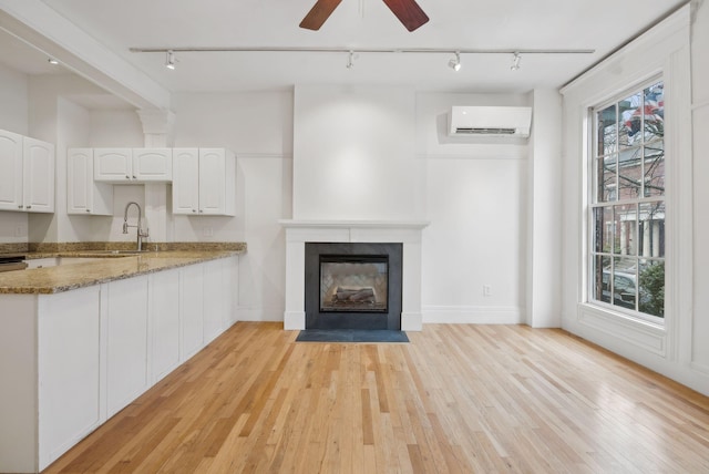 17 Pine St Unit 1, Portland, ME 04102 - unfurnished living room with track lighting, a wall mounted AC, a sink, ceiling fan, and light wood-type flooring