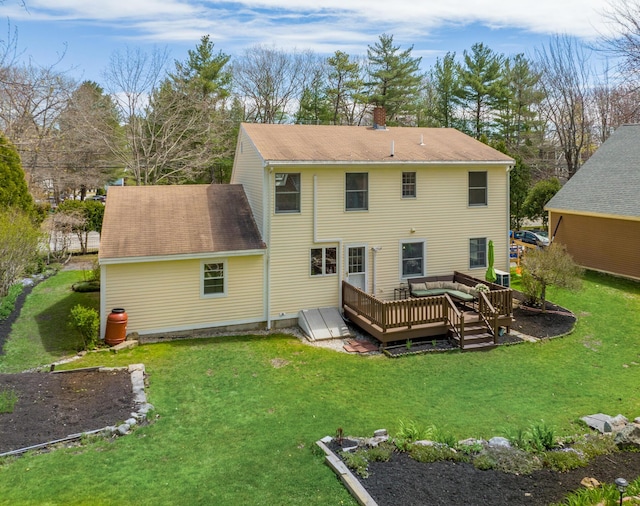 784 Ocean Ave, Portland, ME 04103 - rear view of house featuring a wooden deck, a chimney, a lawn, and outdoor lounge area