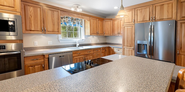 74 Town Farm Rd, Hampden, ME 04444 - kitchen with stainless steel appliances, a sink, recessed lighting, pendant lighting, and brown cabinets