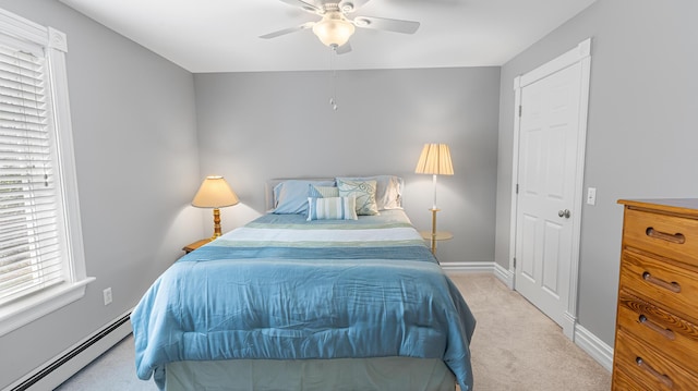 74 Town Farm Rd, Hampden, ME 04444 - carpeted bedroom featuring a baseboard radiator, baseboards, and a ceiling fan