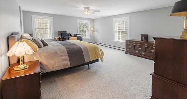 74 Town Farm Rd, Hampden, ME 04444 - bedroom with baseboard heating, carpet, and a ceiling fan