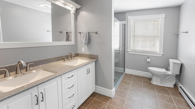74 Town Farm Rd, Hampden, ME 04444 - full bathroom featuring a baseboard radiator, toilet, a stall shower, double vanity, and baseboards
