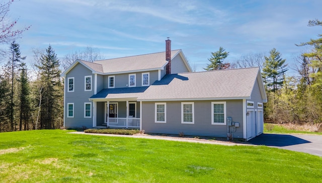 74 Town Farm Rd, Hampden, ME 04444 - view of front facade featuring a porch, a chimney, a front lawn, asphalt driveway, and a shingled roof
