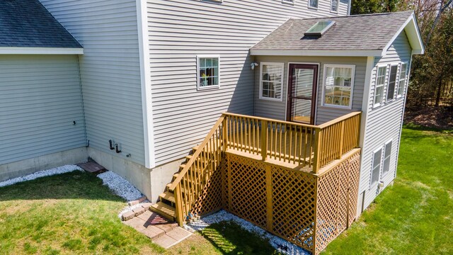 74 Town Farm Rd, Hampden, ME 04444 - wooden terrace featuring a lawn and stairway