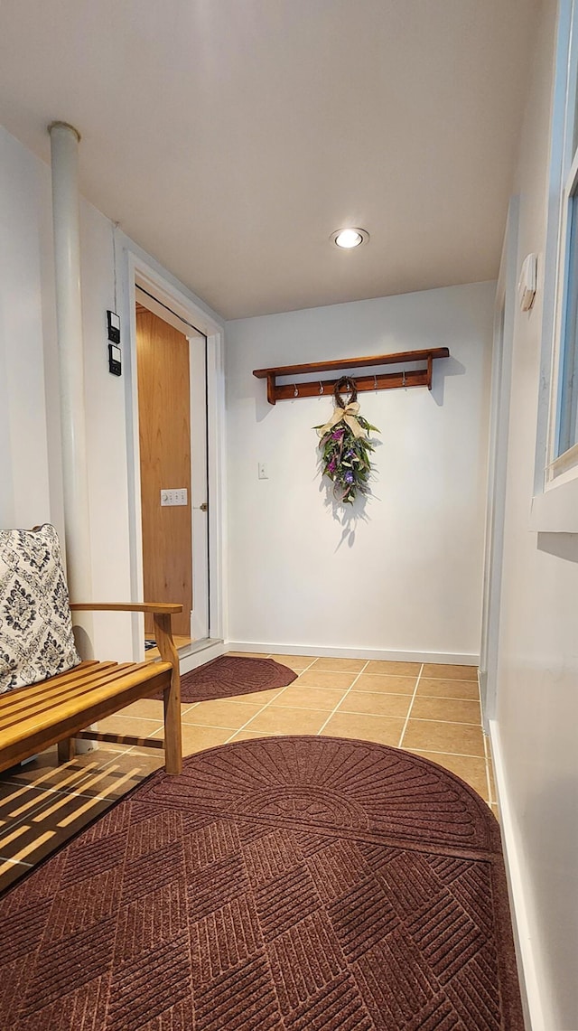 74 Town Farm Rd, Hampden, ME 04444 - hall featuring tile patterned floors, recessed lighting, and baseboards