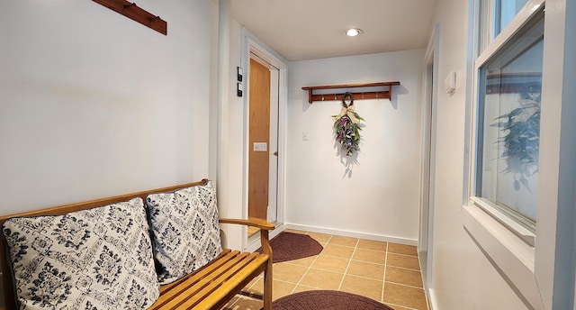 74 Town Farm Rd, Hampden, ME 04444 - doorway to outside featuring light tile patterned floors, baseboards, and recessed lighting