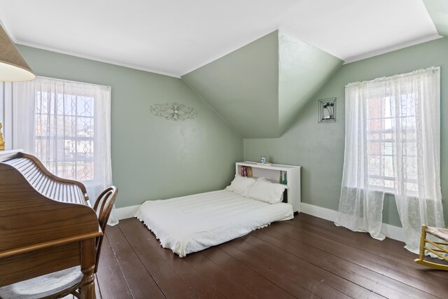 98 Main St, Winthrop, ME 04364 - bedroom with baseboards, hardwood / wood-style floors, and vaulted ceiling