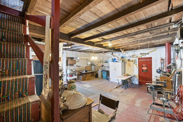 98 Main St, Winthrop, ME 04364 - living area with wooden ceiling and beam ceiling