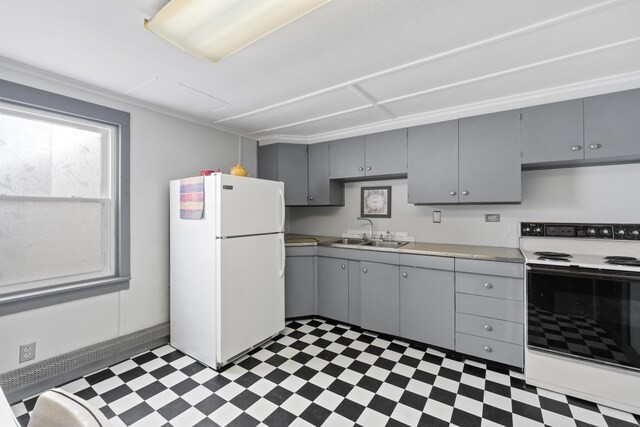 98 Main St, Winthrop, ME 04364 - kitchen featuring white appliances, gray cabinetry, tile patterned floors, and a sink