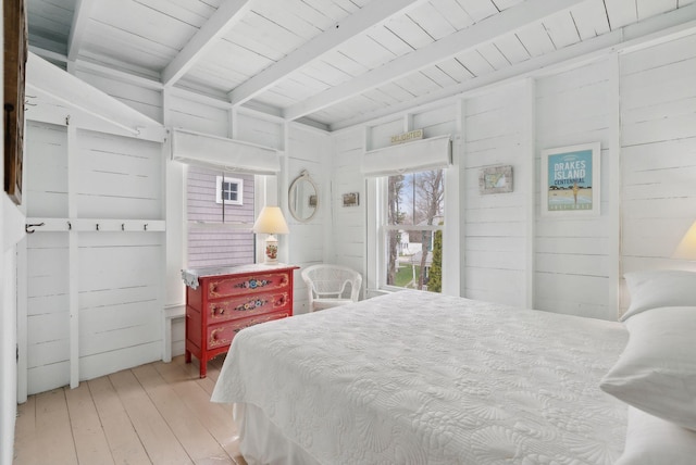 60 Grove St, Wells, ME 04090 - bedroom featuring wooden ceiling, beam ceiling, wood walls, and wood-type flooring
