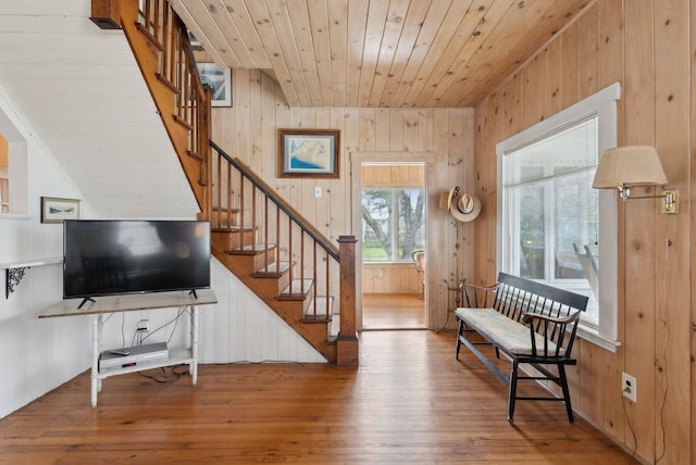 60 Grove St, Wells, ME 04090 - interior space featuring stairway, wood walls, wood ceiling, and wood-type flooring