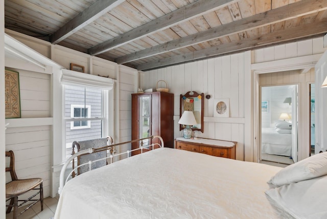 60 Grove St, Wells, ME 04090 - bedroom featuring wooden walls, wood ceiling, and beam ceiling