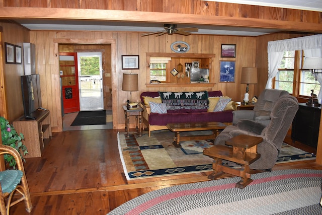living room with ceiling fan, wood walls, wood-type flooring, and a wealth of natural light