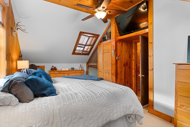 397 New Bridge Rd, Acton, ME 04001 - bedroom with lofted ceiling, light colored carpet, ceiling fan, and baseboards