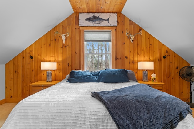 397 New Bridge Rd, Acton, ME 04001 - bedroom featuring wooden walls and vaulted ceiling