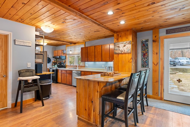 397 New Bridge Rd, Acton, ME 04001 - kitchen featuring stainless steel dishwasher, black range with electric cooktop, wooden ceiling, brown cabinetry, and a peninsula