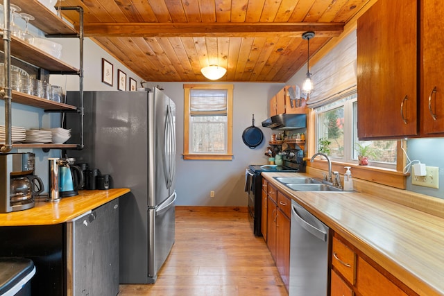 397 New Bridge Rd, Acton, ME 04001 - kitchen with stainless steel dishwasher, black / electric stove, open shelves, a sink, and light wood-type flooring
