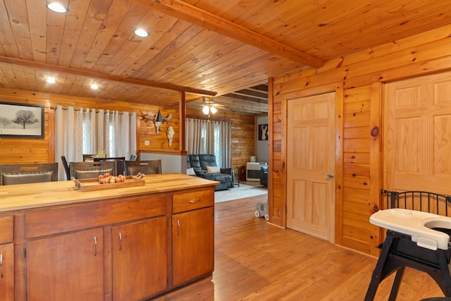 397 New Bridge Rd, Acton, ME 04001 - kitchen with butcher block counters, light wood-style flooring, wooden ceiling, wooden walls, and beam ceiling